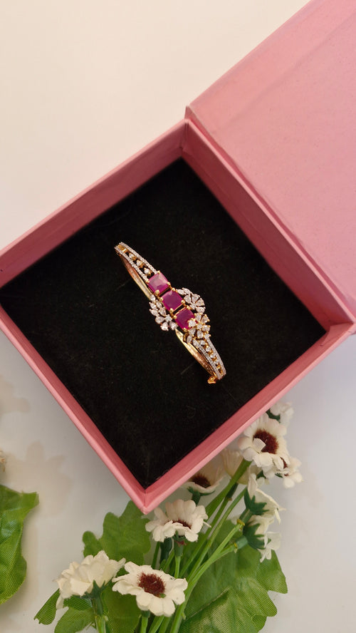 Gold Pink Flower Design Diamond Bracelet For Women