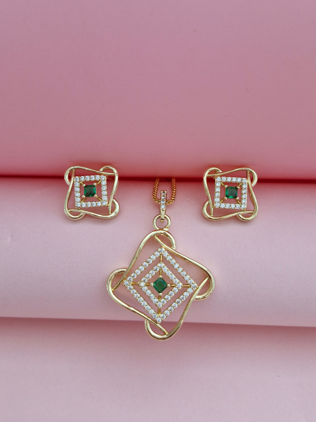 Designer Geometric Diamond-Shaped Emerald CZ Pendant Set for Women | Gold Plated Partywear Jewelry Set
