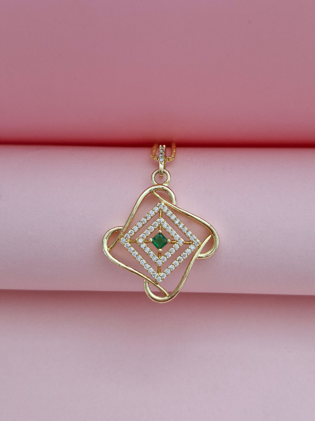 Designer Geometric Diamond-Shaped Emerald CZ Pendant Set for Women | Gold Plated Partywear Jewelry Set