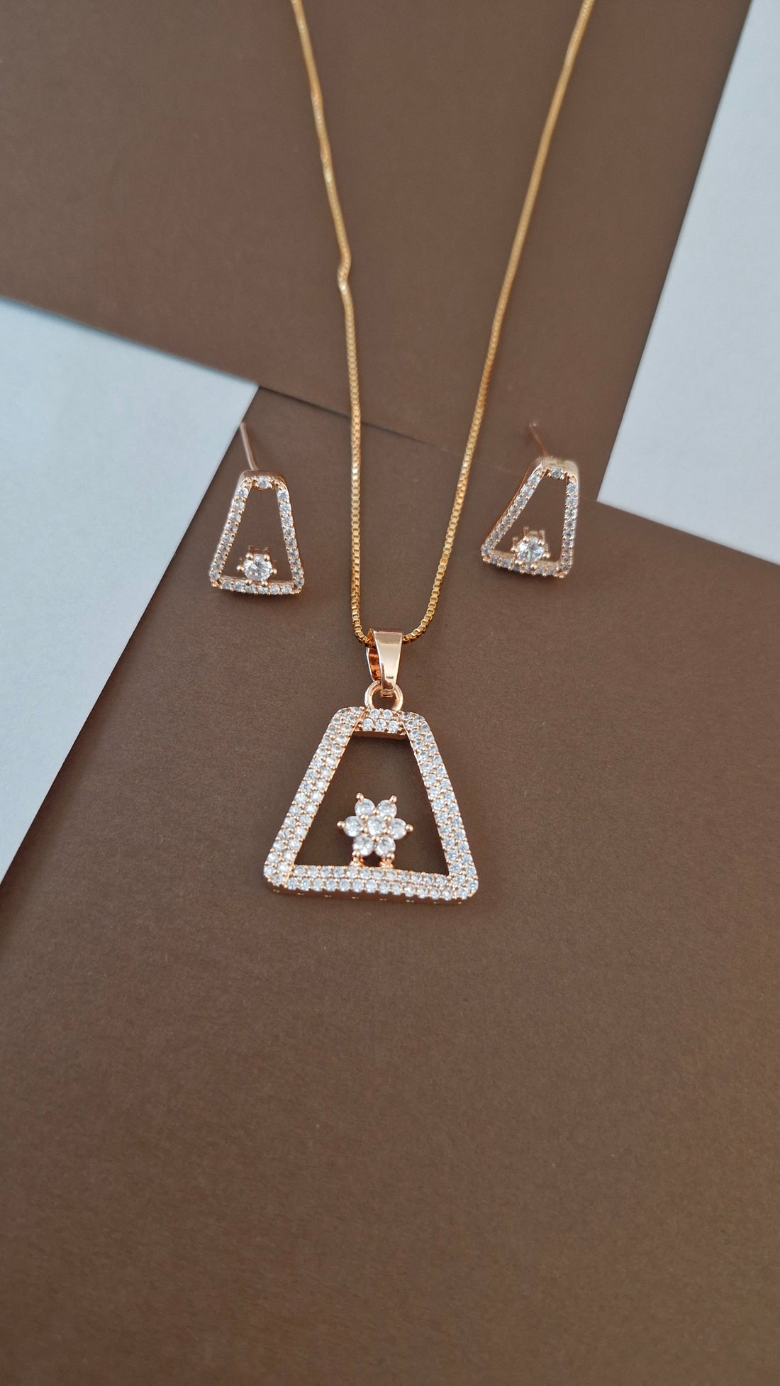 Rose Gold-Tone Geometric Trapezoid Floral Pendant Set