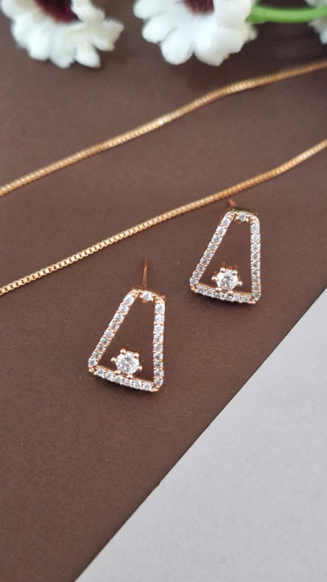 Rose Gold-Tone Geometric Trapezoid Floral Pendant Set