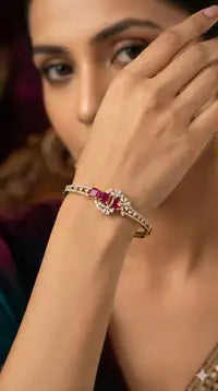 Gold Pink Flower Design Diamond Bracelet For Women
