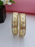 Two-Tone Floral Openwork Gold Plated Bangles for Women | American Diamond Bordered Bridal & Festive Kangan ( Pair of 2 )