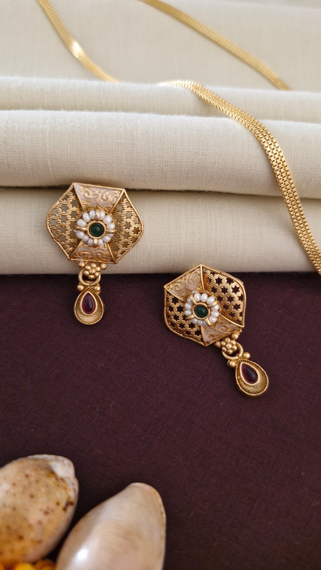Gold Moti And Diamond Work Pendant Set For Women