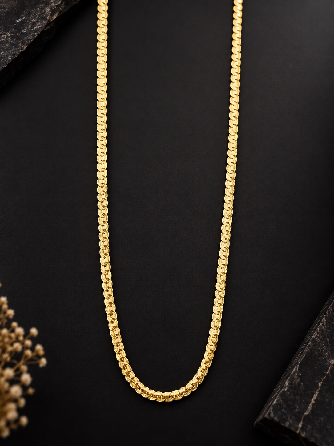 Ridhivam 18K Gold-Plated Anti-Tarnish Textured Flat Link Neck Chain | Premium Demi-Fine Jewelry
