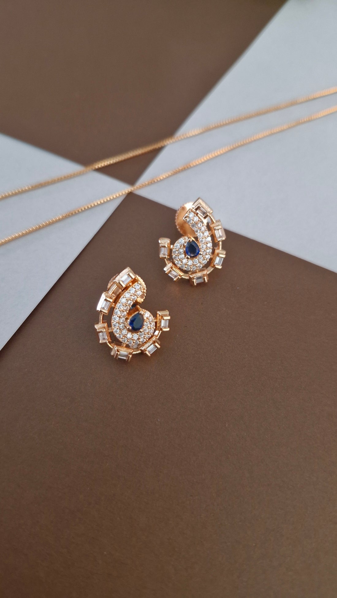 Rose Gold-Tone Sapphire Blue & Baguette CZ Pendant Set