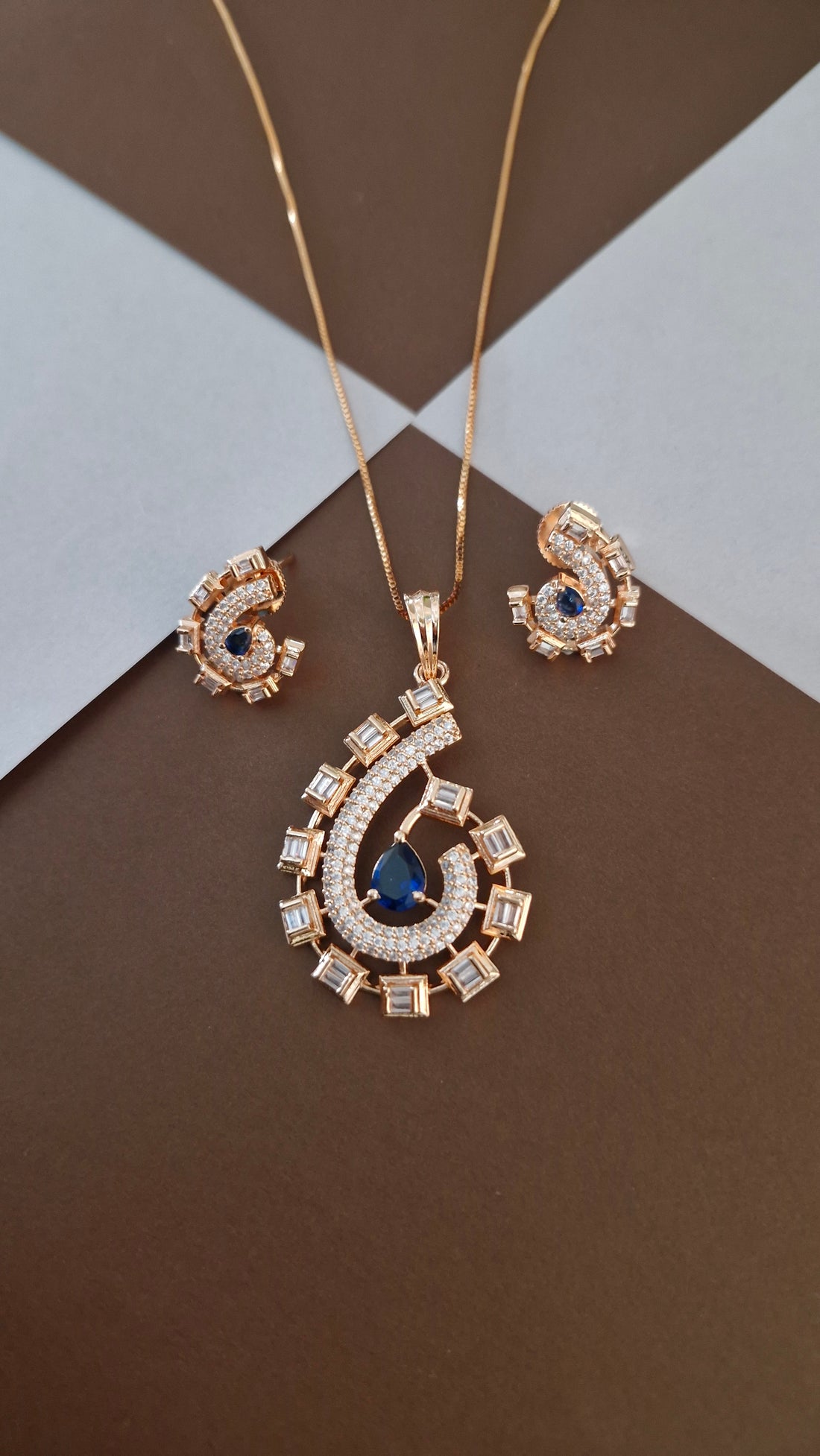Rose Gold-Tone Sapphire Blue & Baguette CZ Pendant Set