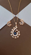 Rose Gold-Tone Sapphire Blue & Baguette CZ Pendant Set