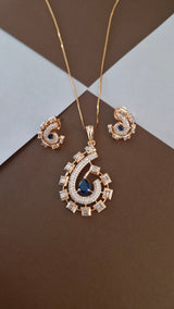 Rose Gold-Tone Sapphire Blue & Baguette CZ Pendant Set