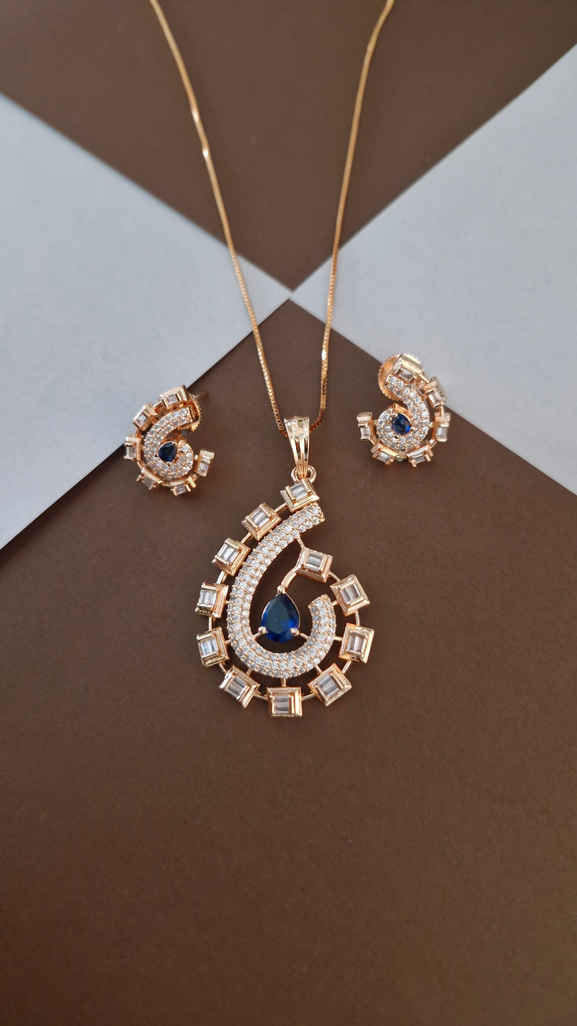 Rose Gold-Tone Sapphire Blue & Baguette CZ Pendant Set