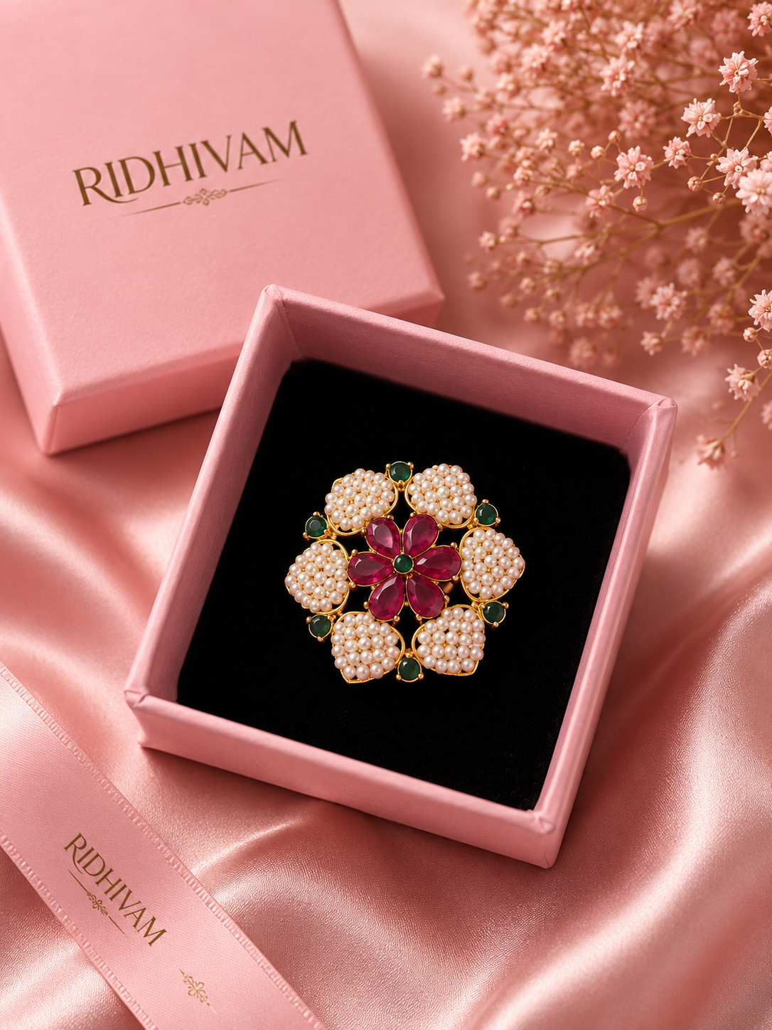 Royal Heritage Ruby Blossom Seed Pearl Statement Ring