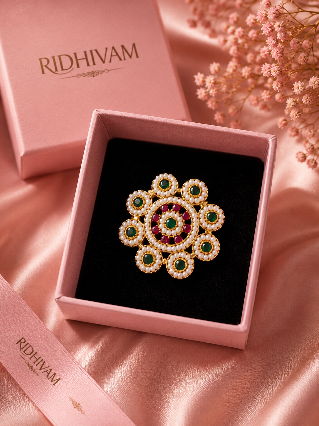 Royal Heritage Emerald & Ruby Seed Pearl Statement Ring