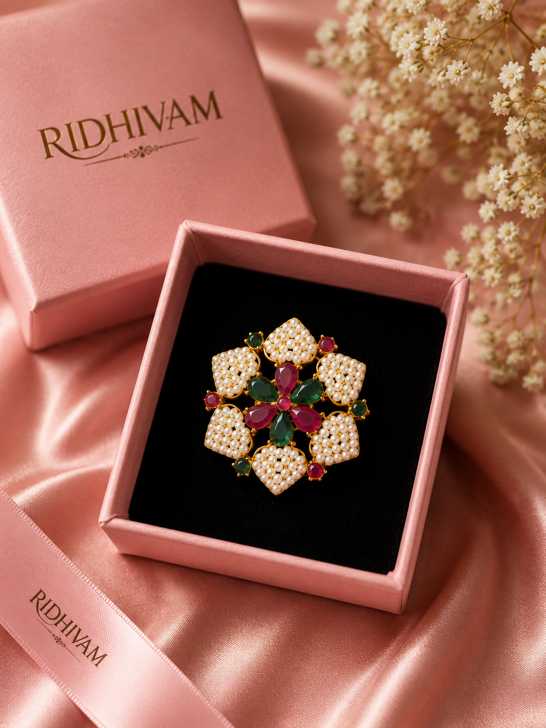 Royal Heritage Ruby & Emerald Guttapusalu Seed Pearl Statement Ring