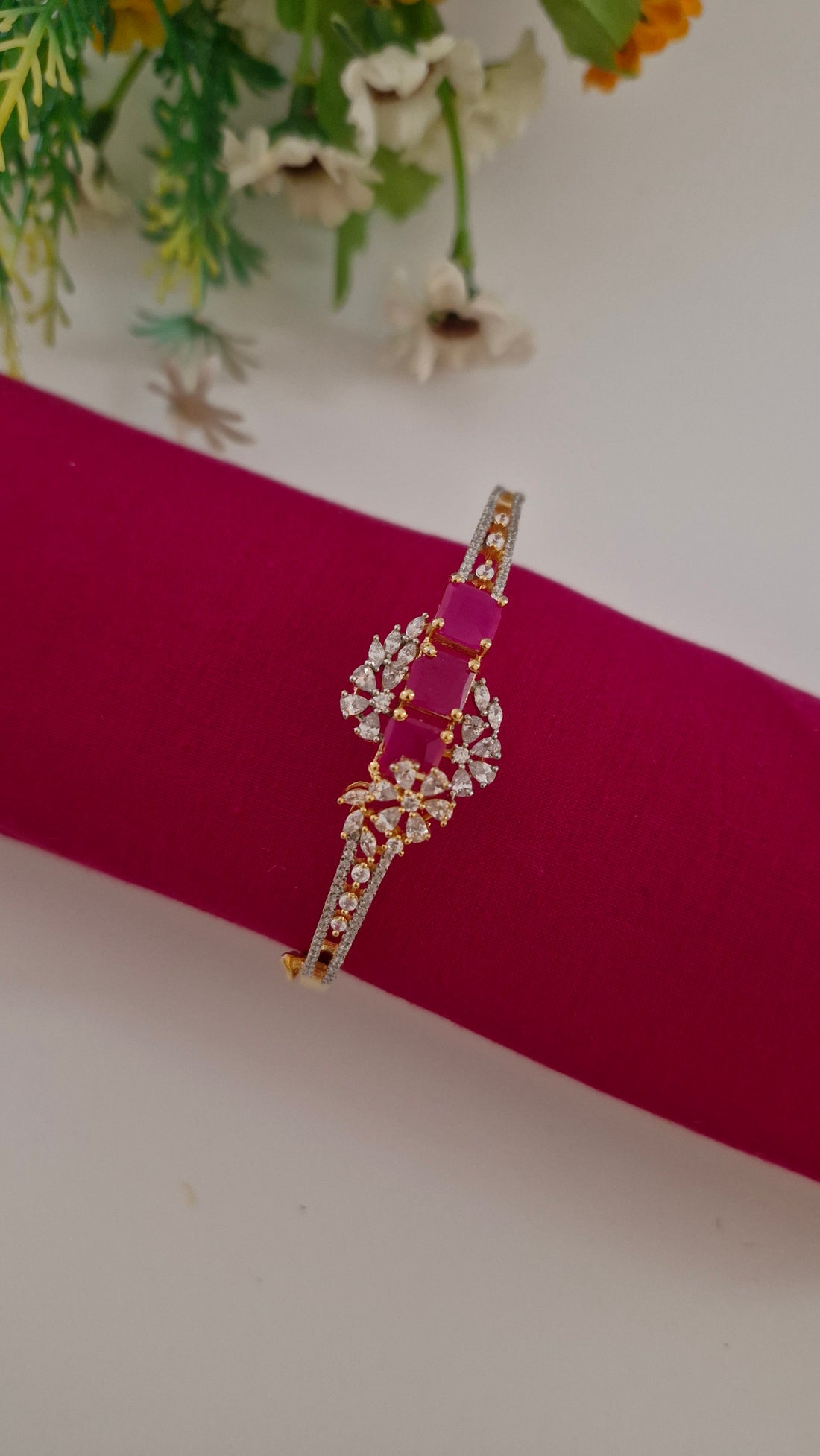 Gold Pink Flower Design Diamond Bracelet For Women