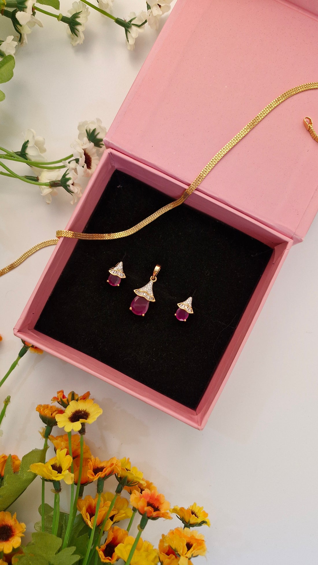 Pink American Diamond Pendent Set With Gold Plated Chain For Women