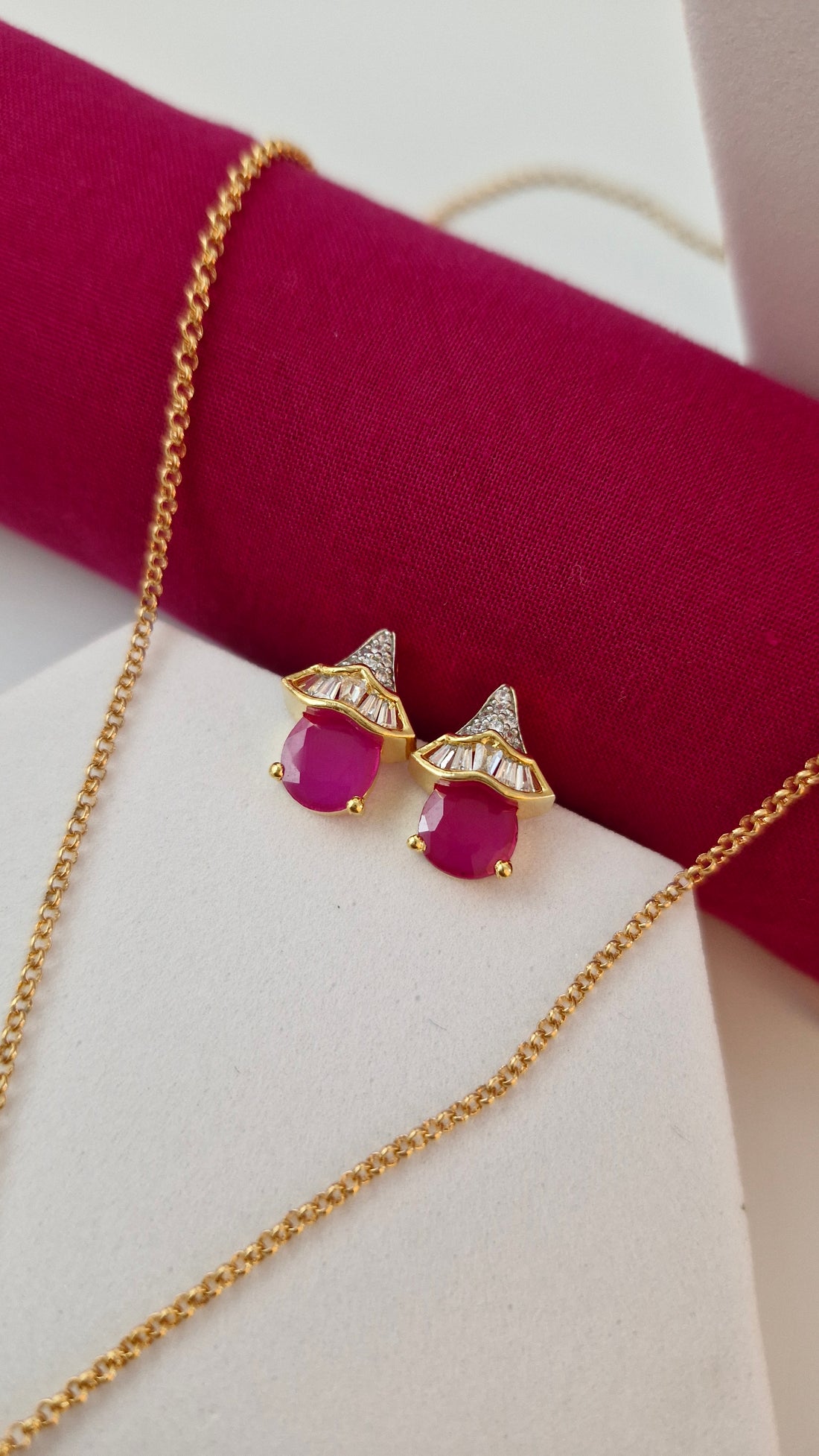 Pink American Diamond Pendent Set With Gold Plated Chain For Women