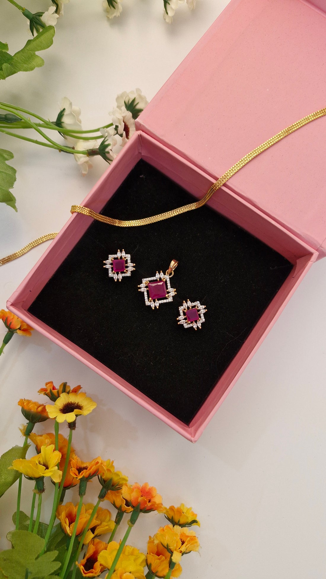 Pink American Diamond Pendent Set With Gold Plated Chain For Women