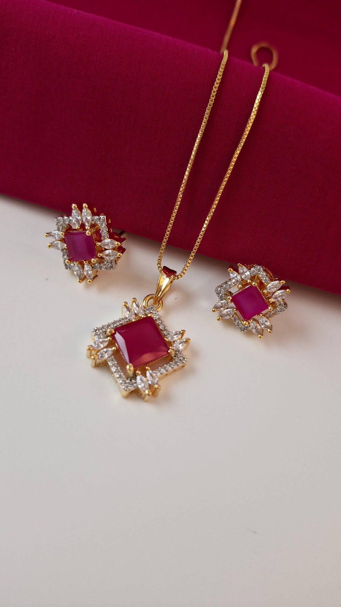 Pink American Diamond Pendent Set With Gold Plated Chain For Women