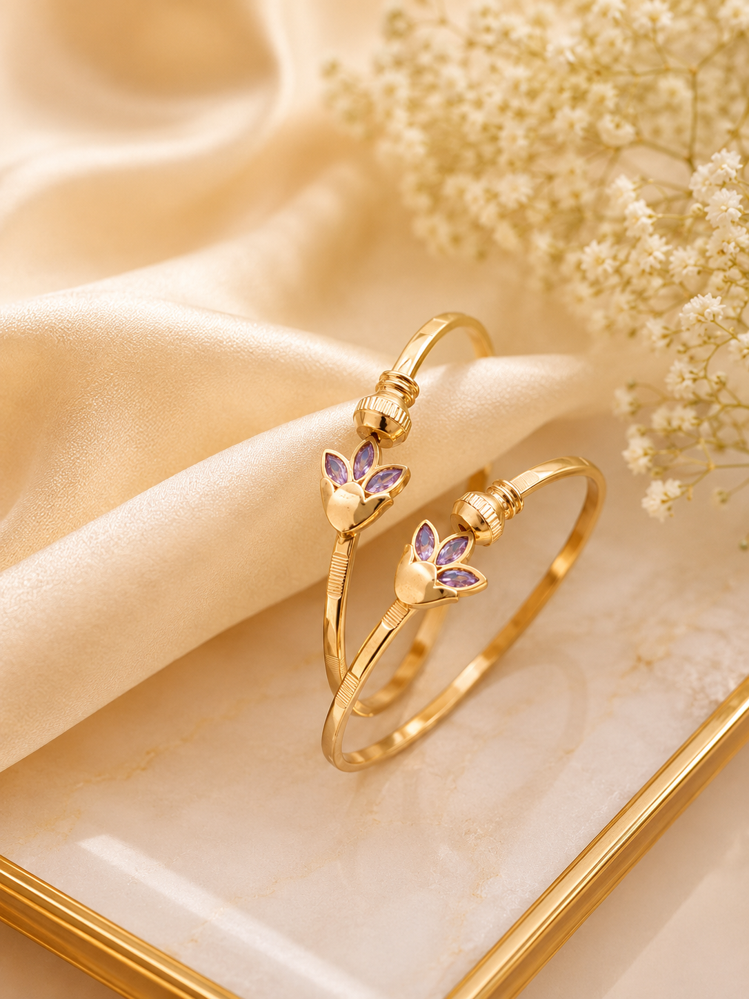 Ridhivam Amethyst Bloom Gold-Plated Bangles | Premium Demi-Fine Lotus Cuffs