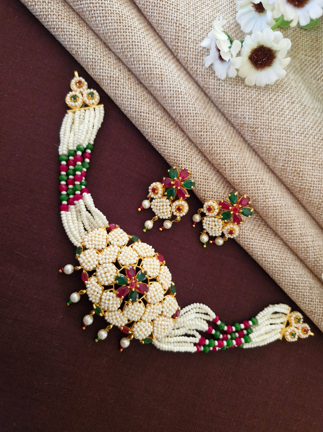 Traditional Pearl Choker Set with Ruby & Emerald Accents