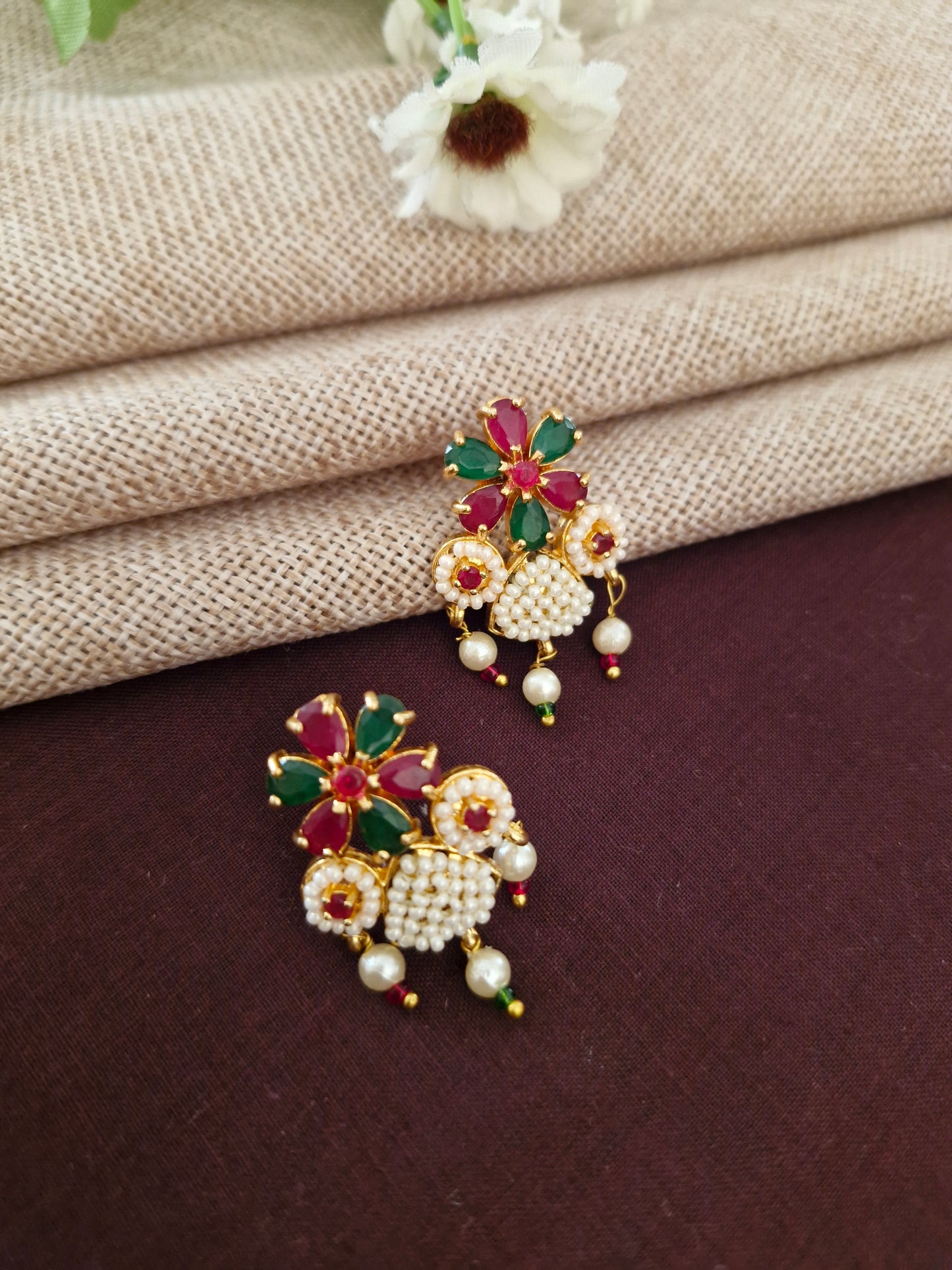 Traditional Pearl Choker Set with Ruby & Emerald Accents