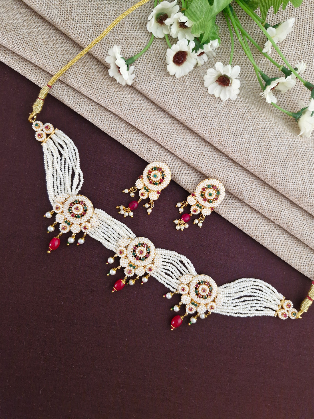 Multi-Strand Seed Pearl Choker Set with Circular Ruby-Emerald Motifs