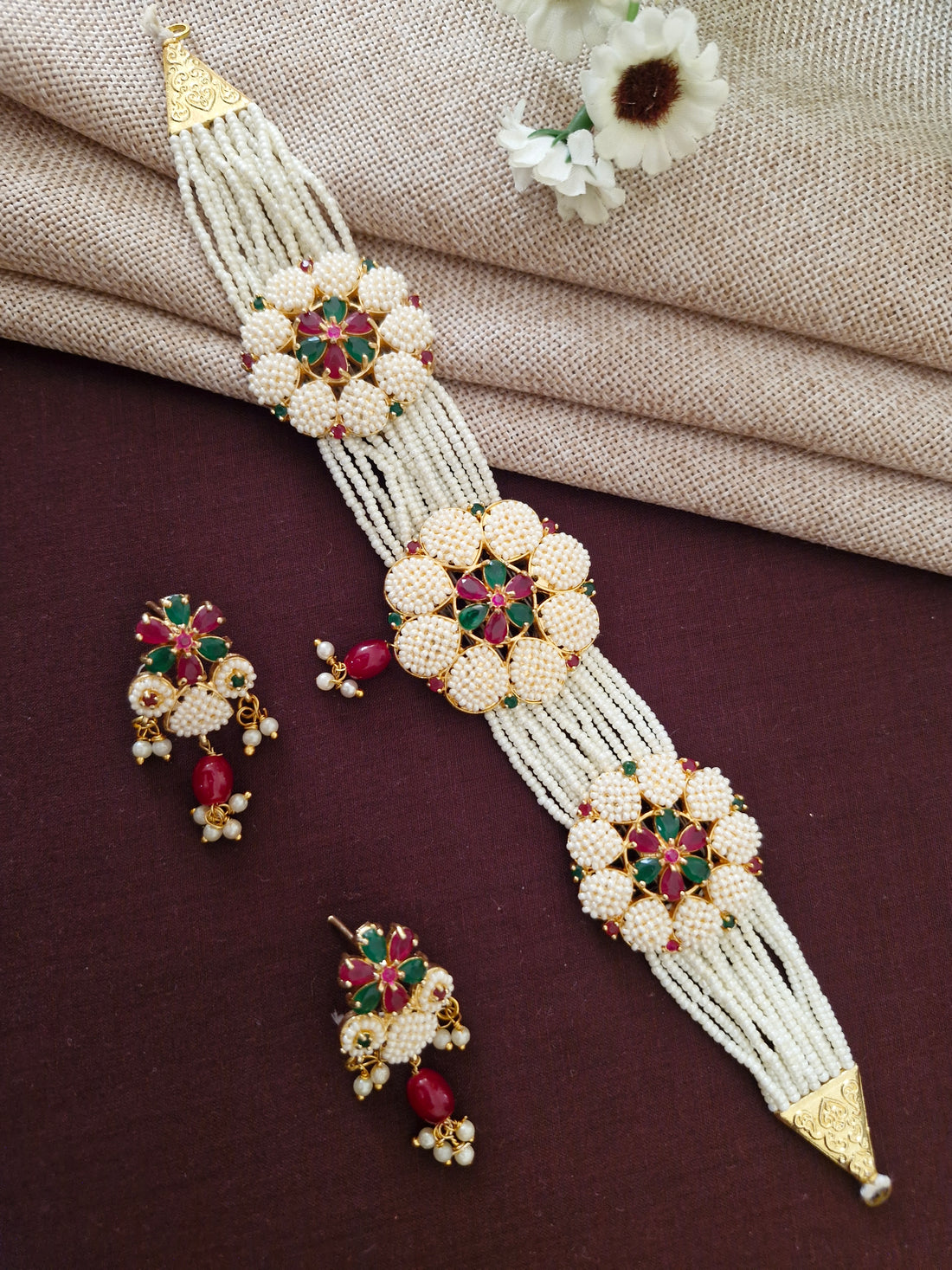 Ridhivam Royal Multi-Strand Pearl Choker Set with Ruby & Emerald Floral Motifs