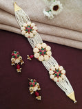 Ridhivam Royal Multi-Strand Pearl Choker Set with Ruby & Emerald Floral Motifs