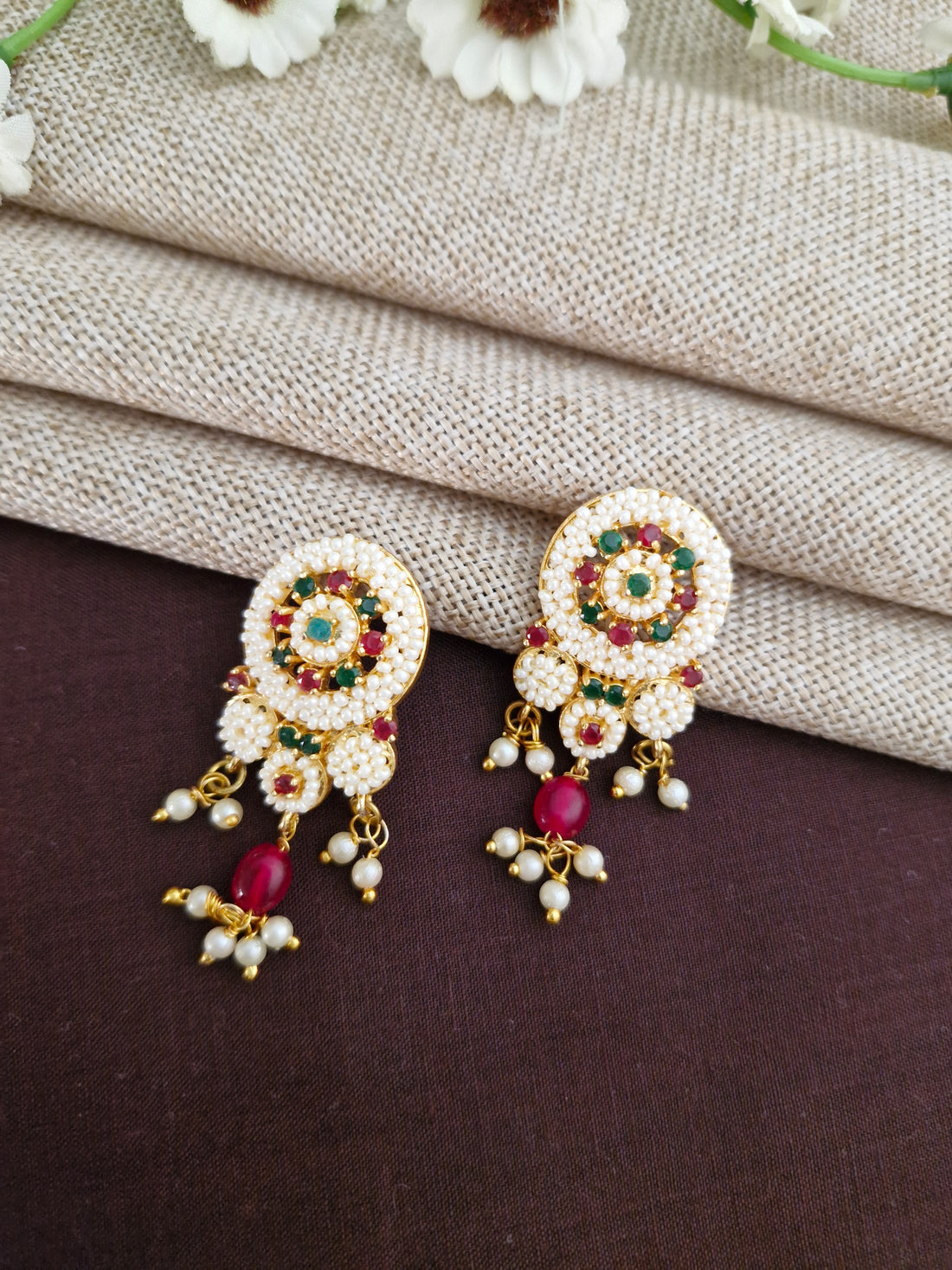 Multi-Strand Seed Pearl Choker Set with Circular Ruby-Emerald Motifs