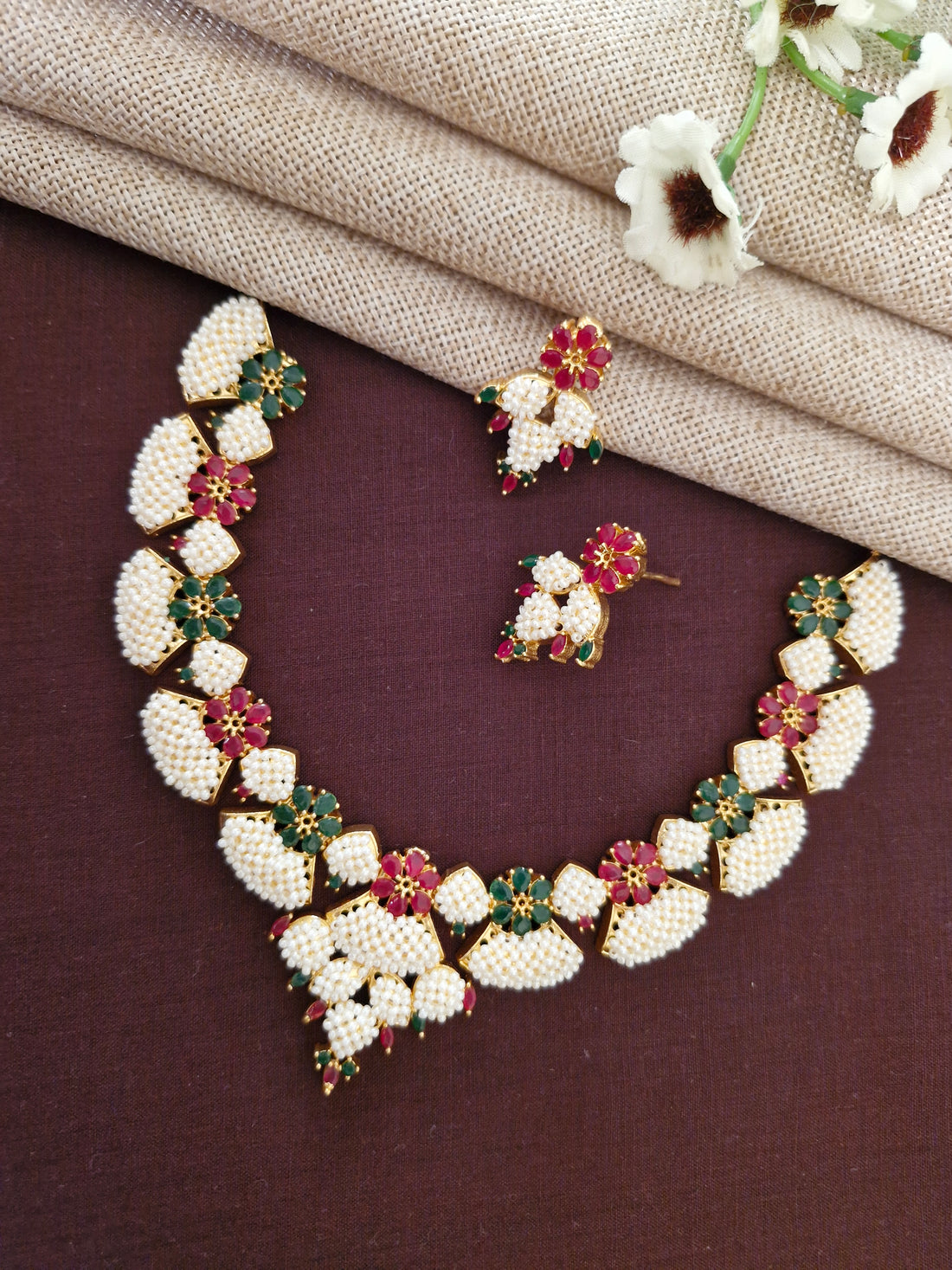 Traditional Seed Pearl Collar Necklace Set with Matching Earrings
