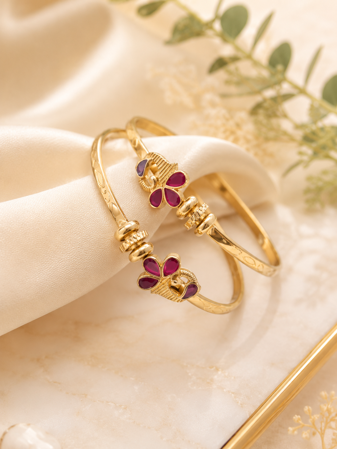 Ridhivam Crimson Bloom Gold-Plated Bangles | Premium Demi-Fine Floral Cuffs