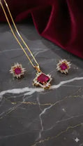 Pink American Diamond Pendent Set With Gold Plated Chain For Women