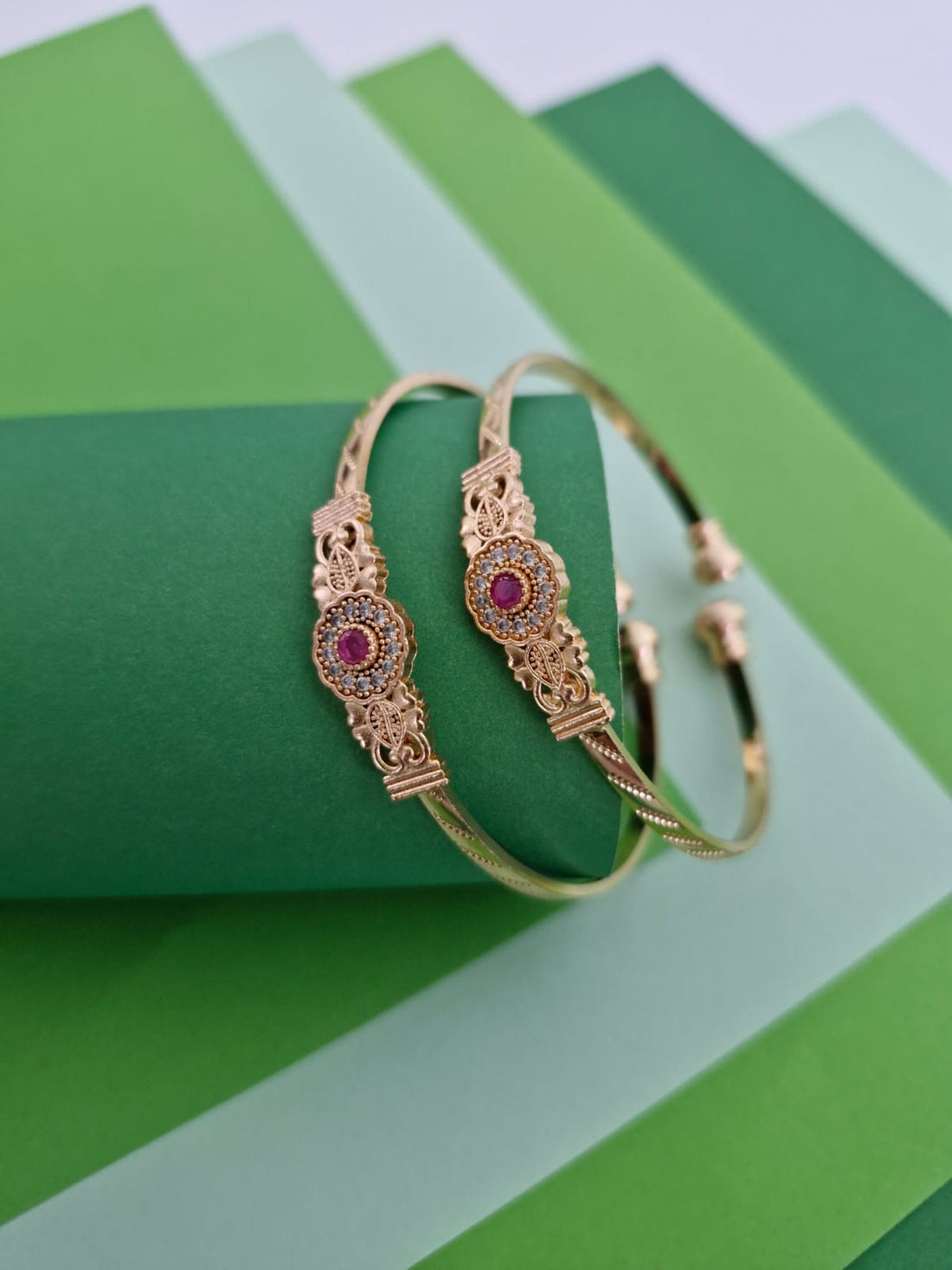 Gold-Tone Floral Open Cuff Bangles with Ruby-Red Stones (Pair)