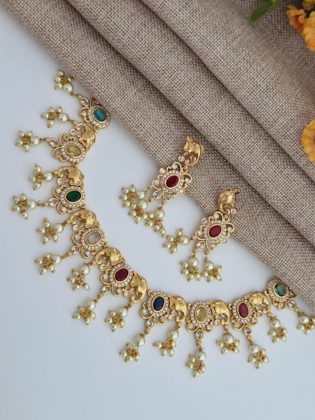 The Navratna Elegance Elephant Necklace Set