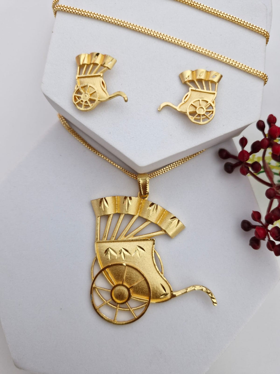 Gold-Tone Vintage Cart Pendant & Earring Set