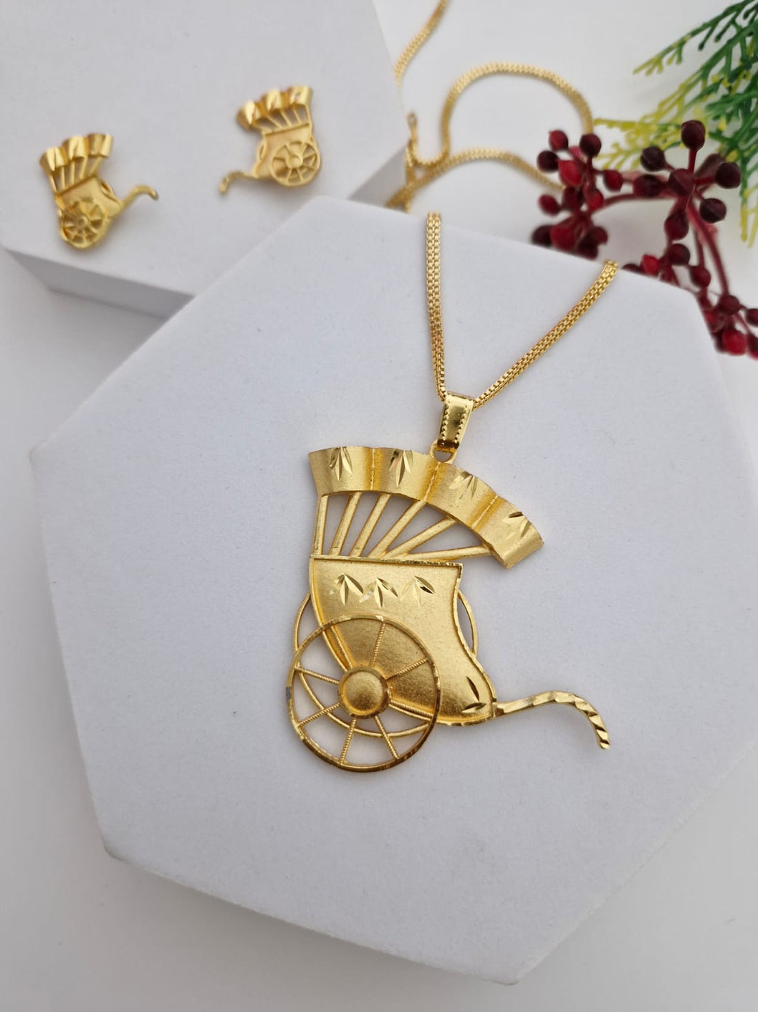 Gold-Tone Vintage Cart Pendant & Earring Set