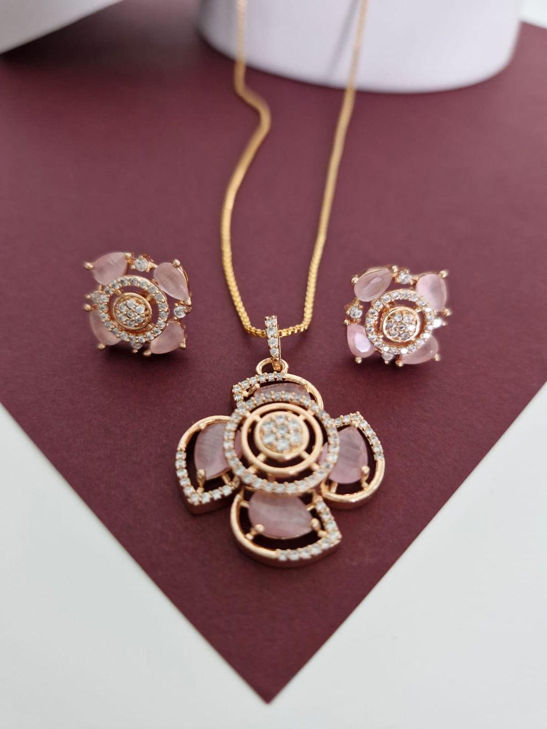 Rose Gold-Tone Blush Pink Floral & AD Pendant Set