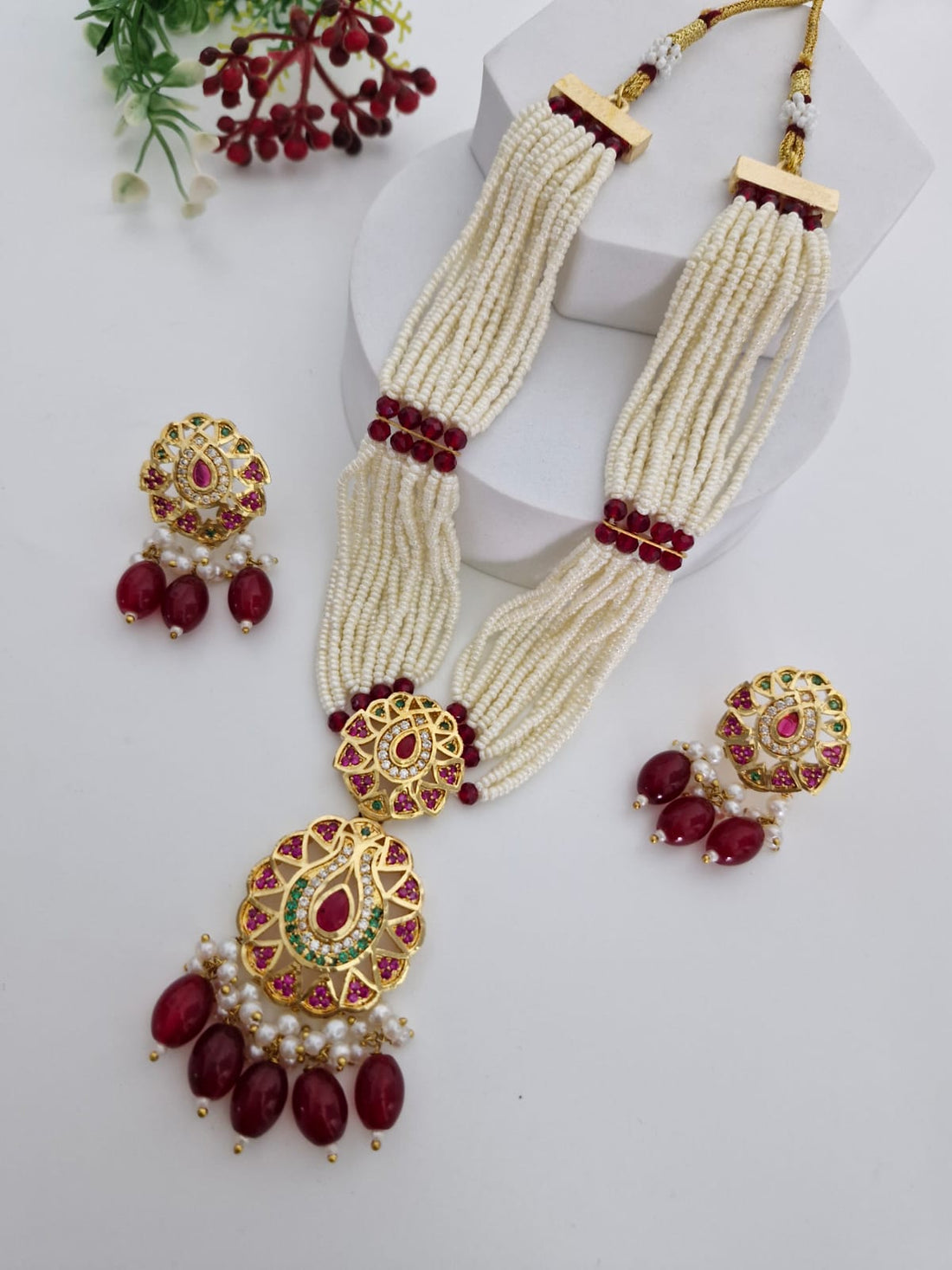 Multi-Strand Pearl Rani Haar Set with Ruby & Emerald Stones