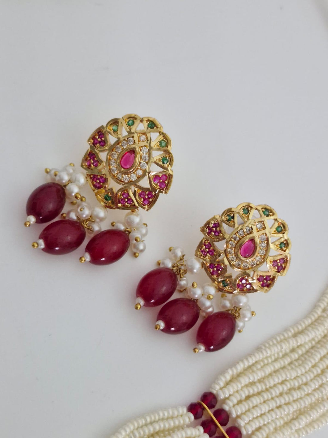 Multi-Strand Pearl Rani Haar Set with Ruby & Emerald Stones