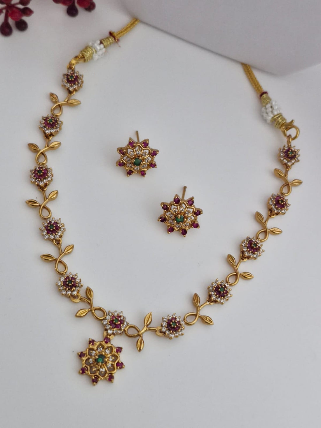 Gold-Tone Floral Vine Necklace Set with Ruby & Emerald Stones