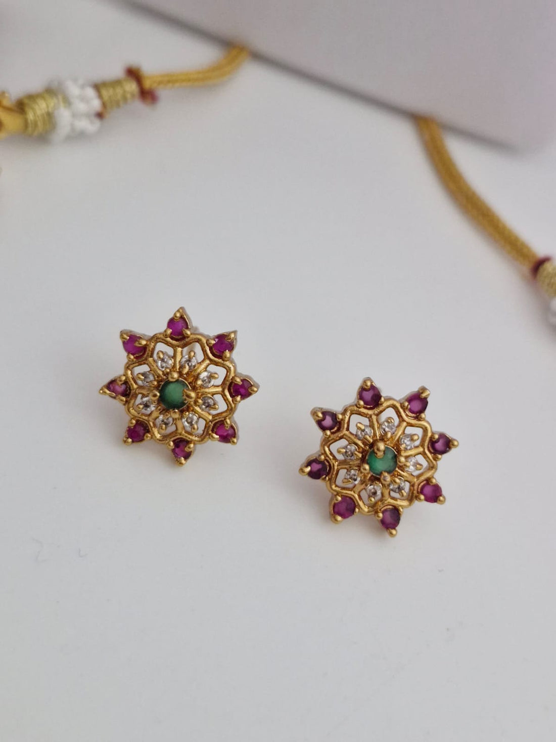 Gold-Tone Floral Vine Necklace Set with Ruby & Emerald Stones
