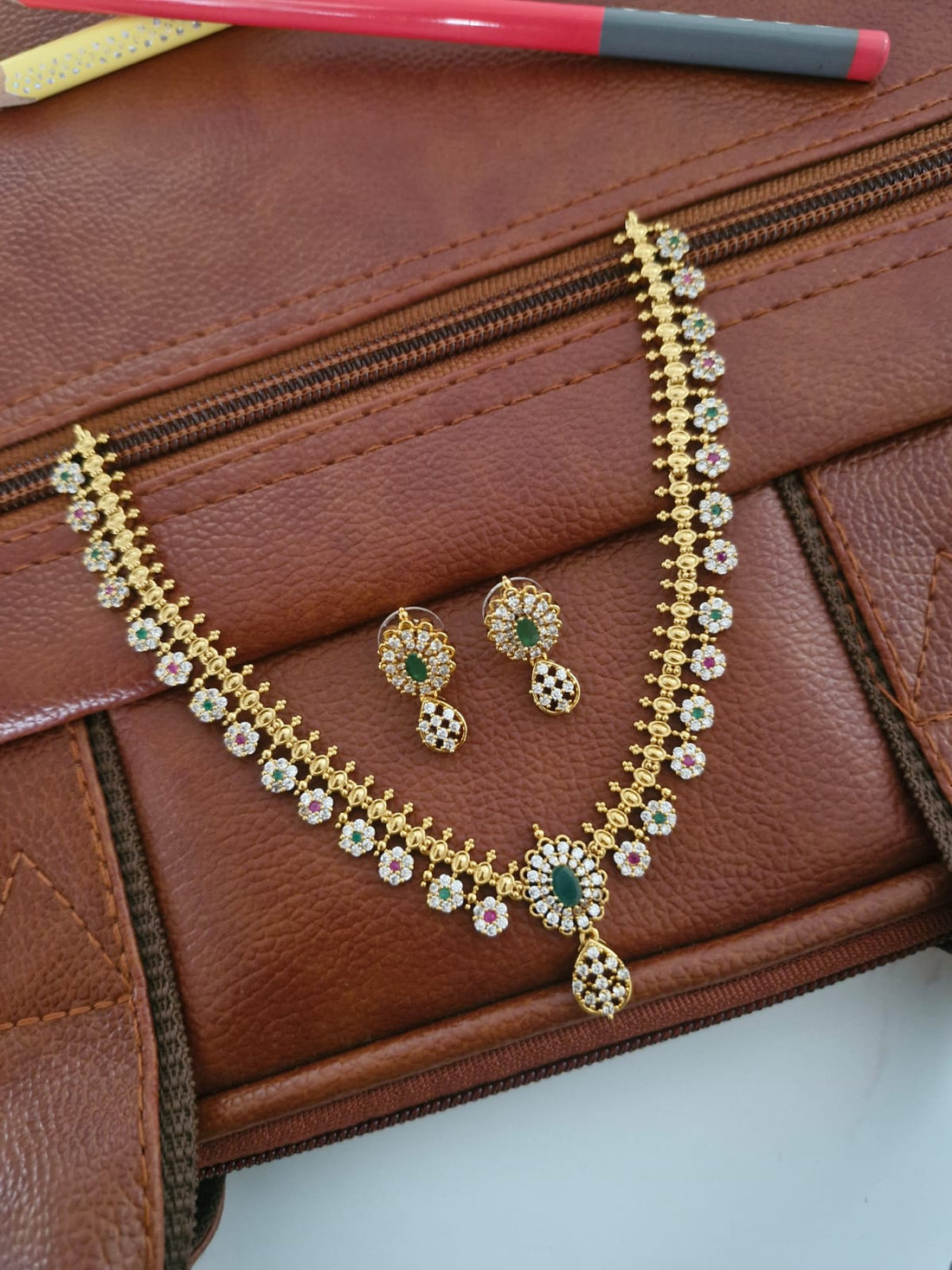 Gold-Tone Floral & Teardrop American Diamond Necklace Set