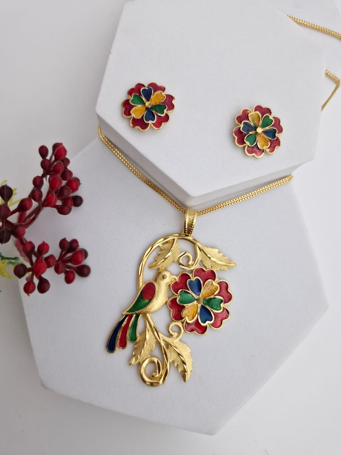 Gold-Tone Meenakari Bird & Floral Pendant Set