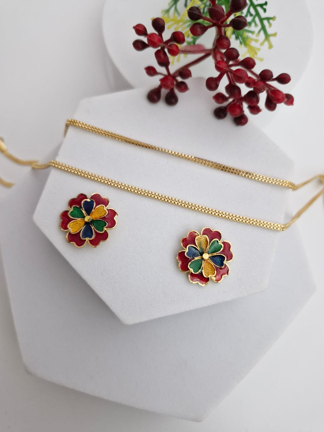 Gold-Tone Meenakari Bird & Floral Pendant Set