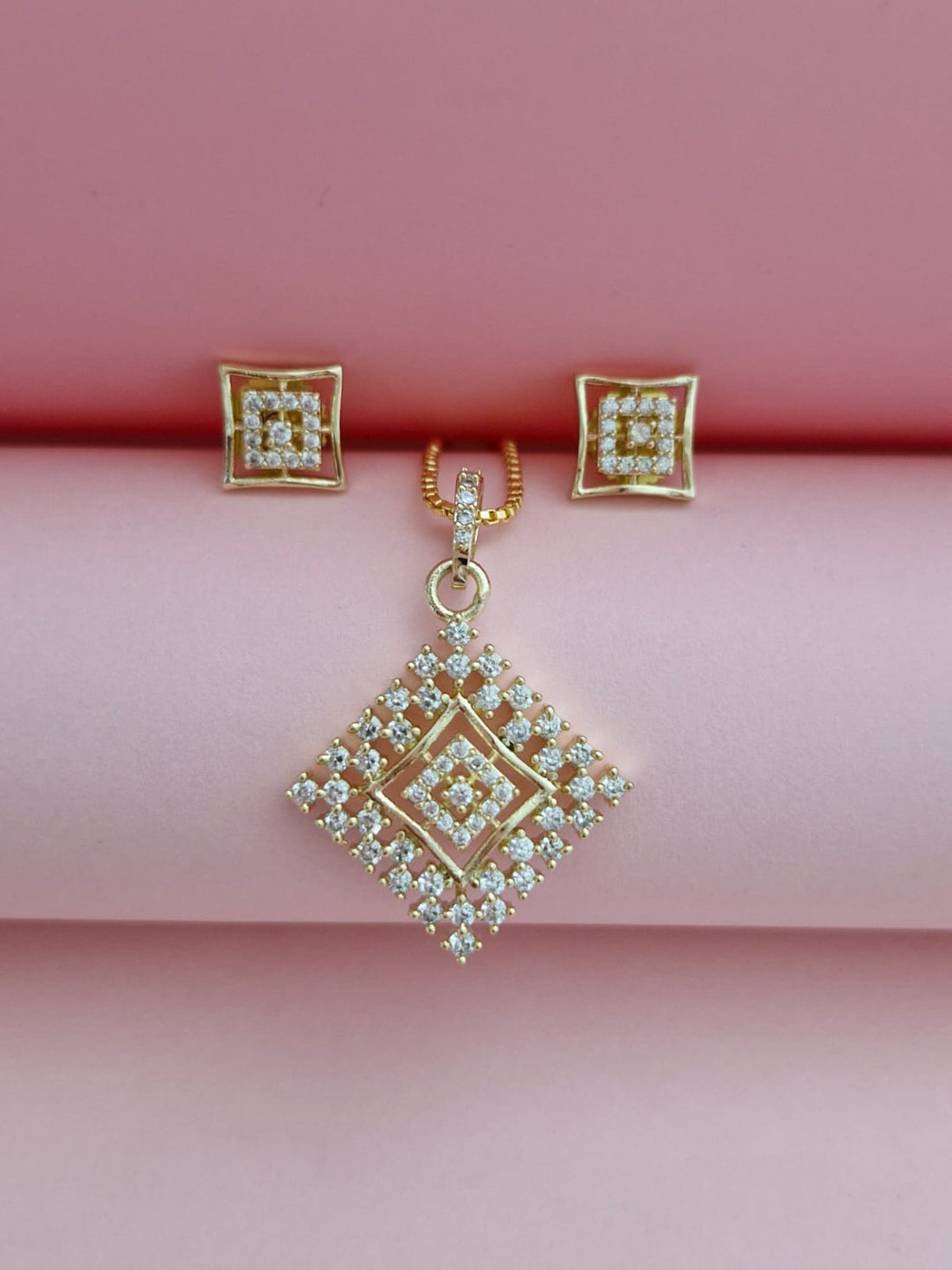 18k Gold-Plated Rhombus Geometric Pendant & Square Earring Set with Cubic Zirconia
