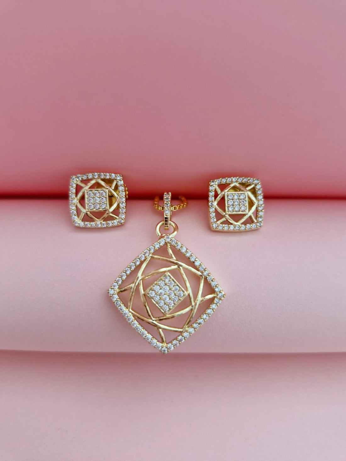 18K Gold-Plated Abstract Rhombus Pendant & Square Earring Set with Cubic Zirconia
