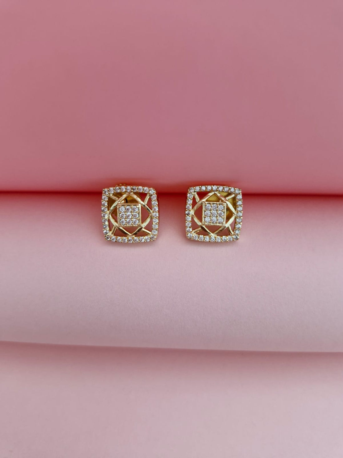 18K Gold-Plated Abstract Rhombus Pendant & Square Earring Set with Cubic Zirconia