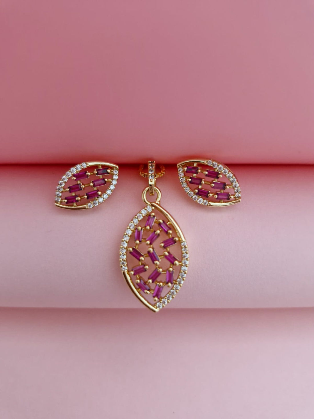18K Gold-Plated Marquise Leaf Pendant & Earring Set with Ruby Pink Baguettes & CZ Stones