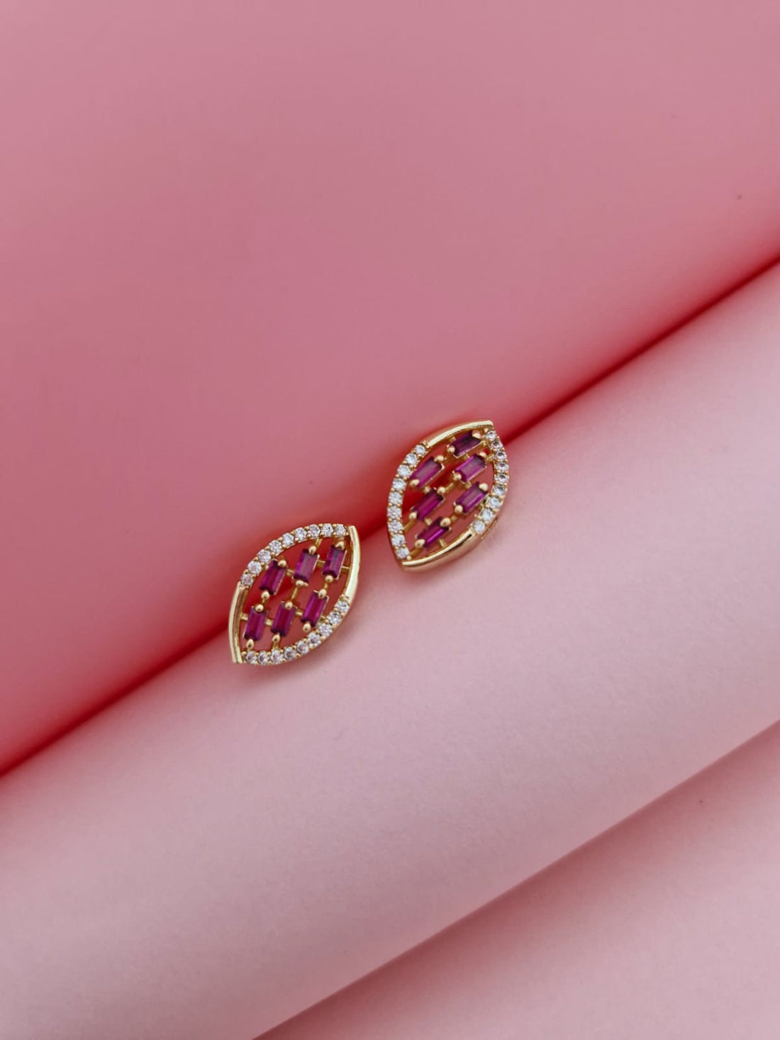 18K Gold-Plated Marquise Leaf Pendant & Earring Set with Ruby Pink Baguettes & CZ Stones