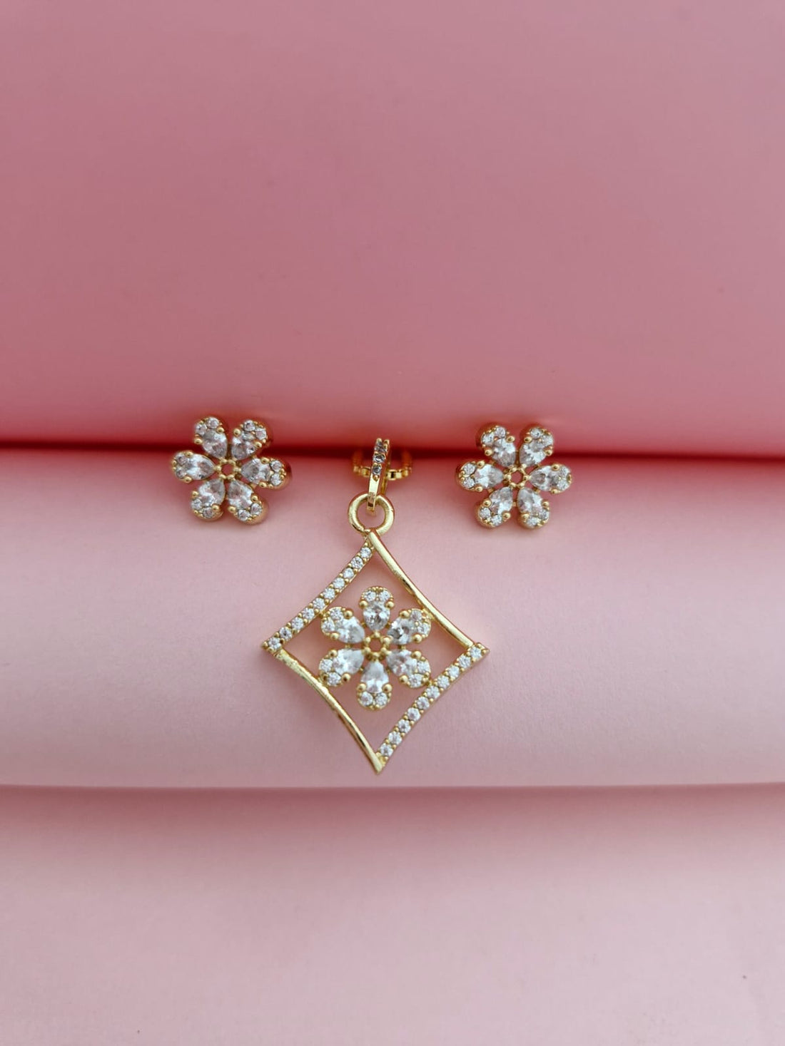 Designer Gold Plated Geometric Diamond Frame Floral Pendant with Chain & Matching Stud Earrings | American Diamond Set